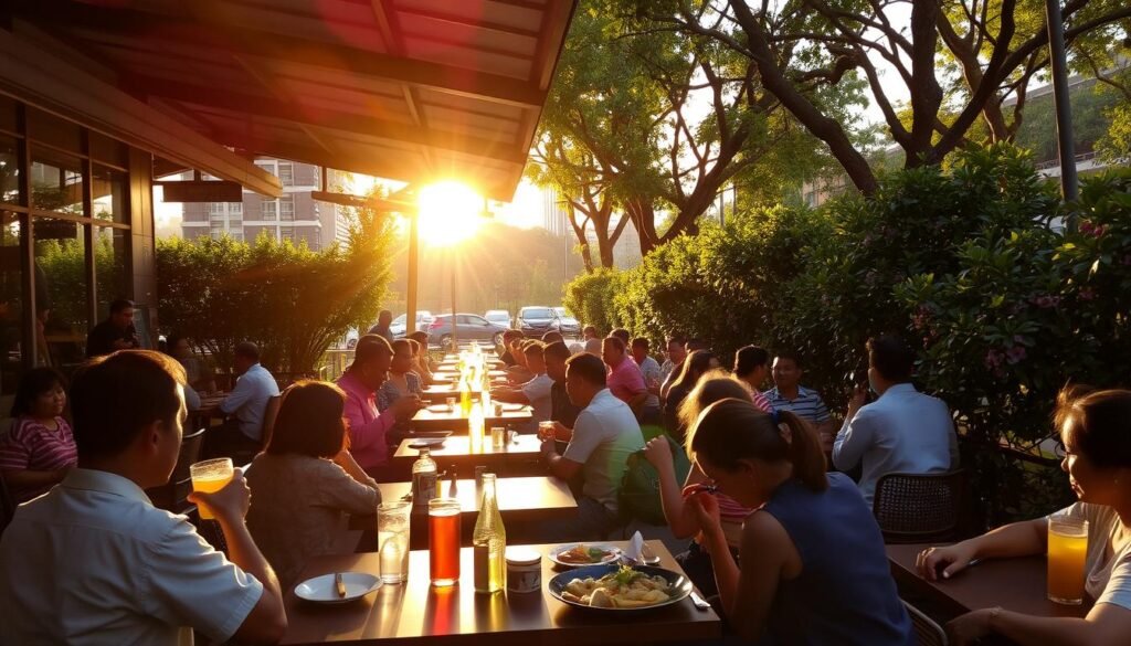 A busy outdoor dining area in Senayan, Jakarta, during the golden hour. The sun casts a warm, soft glow over the scene, creating long shadows and a cozy, inviting atmosphere. Tables are filled with diners enjoying a leisurely meal, sipping on refreshing beverages. The lush greenery of nearby trees and shrubs provide a natural backdrop, creating a sense of tranquility amidst the urban setting. The lighting is perfect, with just the right balance of sunlight and shadow, highlighting the vibrant colors of the food and creating a welcoming, appetizing ambiance.