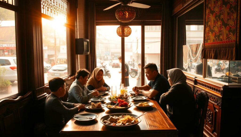 A cozy family restaurant in the heart of Jakarta, bathed in warm, golden light filtering through large windows. In the foreground, a family of four sits around a sturdy wooden table, sharing a hearty meal and lively conversation. The middle ground features traditional Indonesian decor, with intricately carved furniture and vibrant batik textiles adorning the walls. In the background, a bustling street scene can be glimpsed through the windows, showcasing the vibrant energy of the city. The overall atmosphere is one of comfort, conviviality, and the joy of shared culinary experiences.