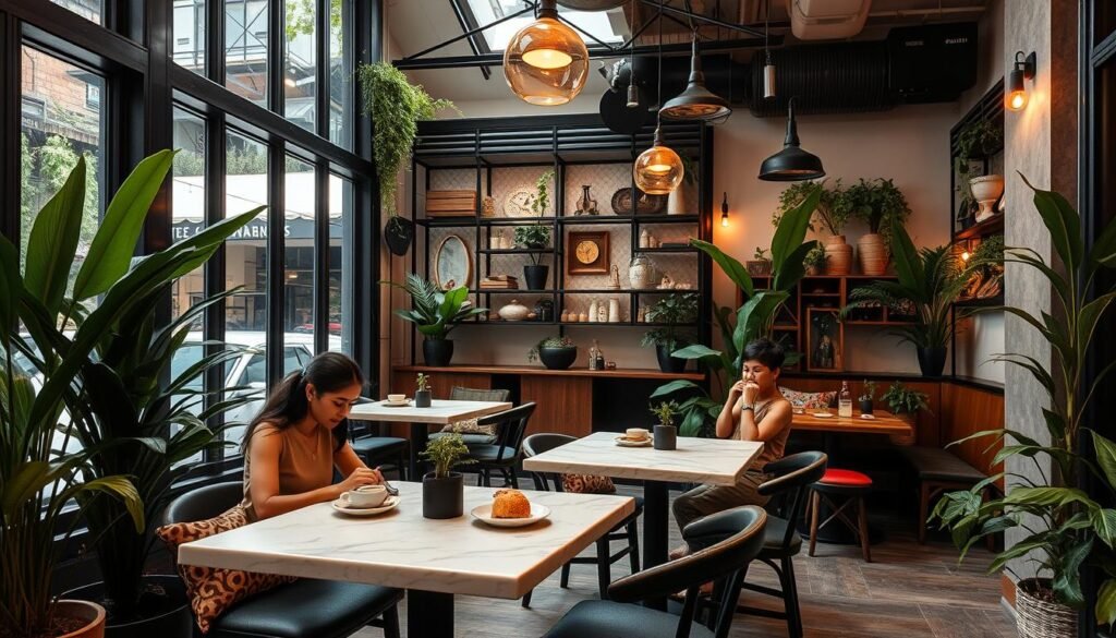 A cozy, visually striking cafe nestled in the heart of Senayan, Jakarta. The exterior features a sleek, modern design with large windows that allow natural light to flood the space. Inside, an eclectic mix of vintage and industrial-chic decor creates a warm, inviting ambiance. Patrons sip artisanal coffee and savor delectable pastries at marble-topped tables, surrounded by lush greenery and subtle mood lighting. The cafe's layout and design elements seamlessly blend traditional and contemporary influences, reflecting the vibrant, trendy character of the Senayan neighborhood. A visually captivating scene that perfectly encapsulates the essence of a unique, experiential dining destination.