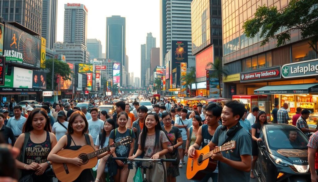 A crowded Jakarta city street, bustling with a diverse mix of people and vehicles. In the foreground, a group of young adults gather around a street performer playing a traditional Indonesian instrument, their faces alight with joy and enthusiasm. In the middle ground, a colorful array of food carts and street vendors offer a tantalizing array of local cuisine. In the background, towering skyscrapers and neon-lit billboards create a vibrant, modern backdrop. The scene is bathed in warm, golden hour lighting, casting a soft, inviting glow over the entire tableau. The overall atmosphere conveys the energy, creativity, and cultural richness of the Jakarta music scene.