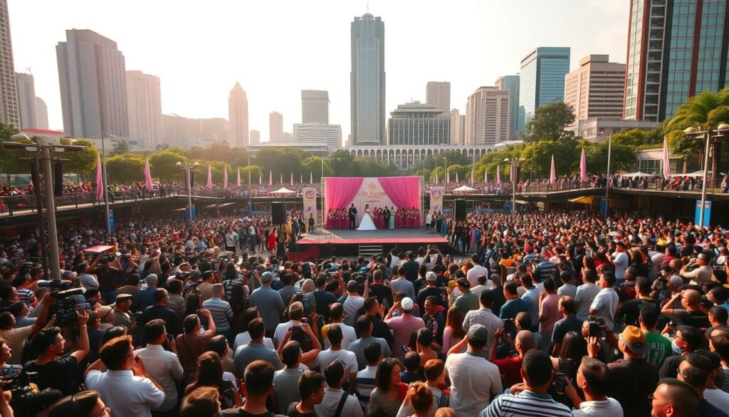 A crowded public square in the heart of Jakarta, filled with a vibrant mix of onlookers eagerly awaiting the announcement of the Miss Jakarta Fair 2025 winner. In the foreground, a sea of camera flashes and microphones capture the electric atmosphere, as reporters and fans jostle for the best views. In the middle ground, a raised stage stands ready, draped in elegant pageant decor, anticipation palpable. The background showcases the iconic skyline of Jakarta, its towering skyscrapers and historic landmarks providing a stunning backdrop to the festivities. Warm, golden sunlight bathes the scene, lending an air of celebratory energy and excitement. The mood is one of unbridled enthusiasm, as the public eagerly awaits the crowning of the new Miss Jakarta Fair.