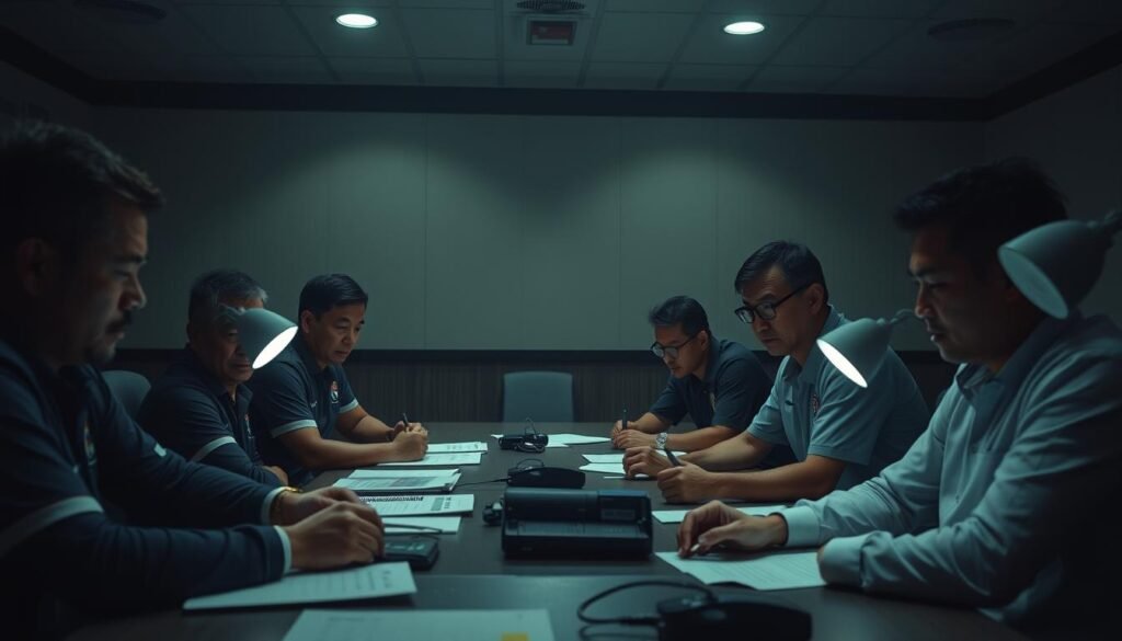 A dimly lit conference room, the air thick with concentration. Around a long table, a group of coaches and managers pore over game footage and statistics, brows furrowed as they evaluate the performance of their team. Soft pools of light from desk lamps illuminate their faces, casting shadows that accentuate the gravity of the moment. The team's jersey colors are visible, hinting at their identity, but the focus is on the analytical task at hand. The atmosphere is one of strategic contemplation, as they seek to uncover insights that will propel their squad to victory in the upcoming ASEAN U-23 Championship.