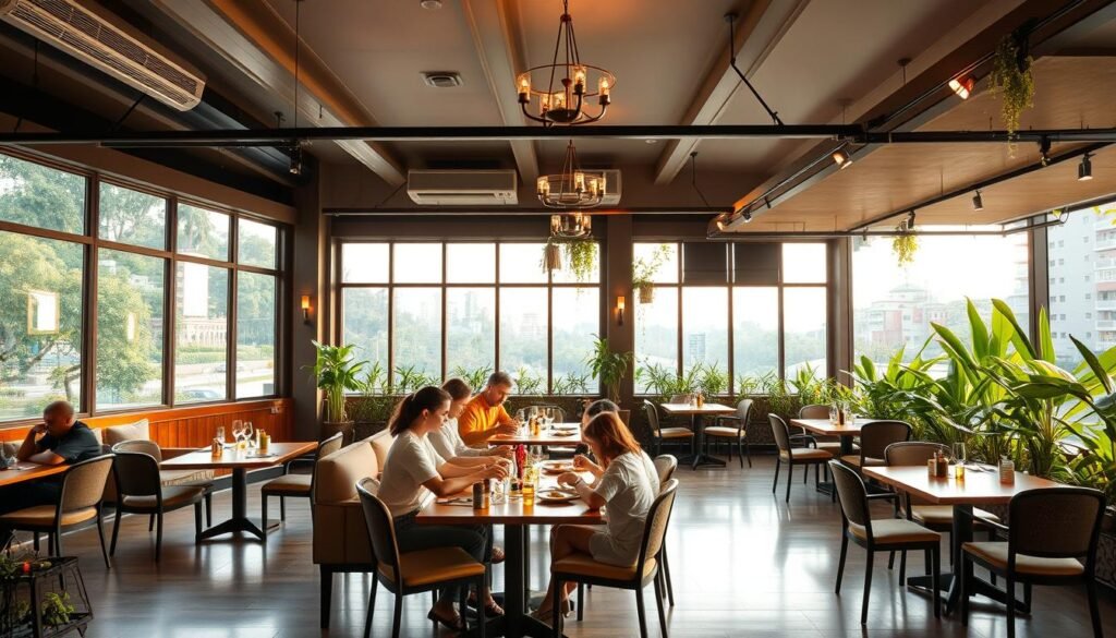 A family-friendly dining establishment situated in the vibrant Senayan district, captured in a warm, inviting ambiance. The spacious interior features comfortable seating arrangements, creating a cozy atmosphere ideal for gatherings of all ages. Soft lighting illuminates the eclectic decor, blending modern and traditional elements to evoke a sense of homeliness. The expansive windows allow ample natural light to filter in, casting a gentle glow over the harmonious setting. The diverse menu caters to various dietary preferences, ensuring a pleasurable dining experience for the entire family. An outdoor terrace, complete with lush greenery and elegant furnishings, offers an al fresco dining option for those seeking a more relaxed, open-air ambiance.
