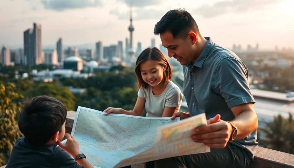 A family planning their vacation itinerary in Jakarta, Indonesia. In the foreground, a couple poring over a map, discussing destinations and routes, their children sitting nearby, eager to explore. The middle ground features a blend of modern cityscape and lush greenery, hinting at the diverse attractions the city has to offer. In the background, the iconic silhouette of the Monas tower rises, a symbolic landmark that sets the scene. The lighting is warm and inviting, creating a sense of anticipation and excitement for the upcoming family adventure. The overall mood is one of careful planning and joyful anticipation, capturing the essence of an efficient yet enjoyable family vacation in the vibrant city of Jakarta.