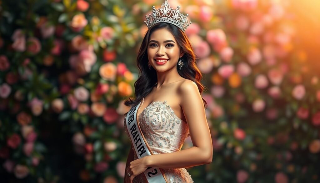 A glamorous, high-resolution portrait of the winner of the Miss Jakarta Fair 2025 pageant, Nathasya Sakila, captured in stunning detail. Set against a softly blurred, lush floral backdrop, Nathasya stands confidently in the foreground, wearing a shimmering, elegant evening gown that accentuates her graceful posture. Her immaculate hair and makeup give her a radiant, pageant-ready appearance, while her winning smile and poise convey the pride and joy of her achievement. Lit by warm, flattering studio lighting, this image beautifully showcases Nathasya as the victorious titleholder of the prestigious Miss Jakarta Fair 2025 competition.