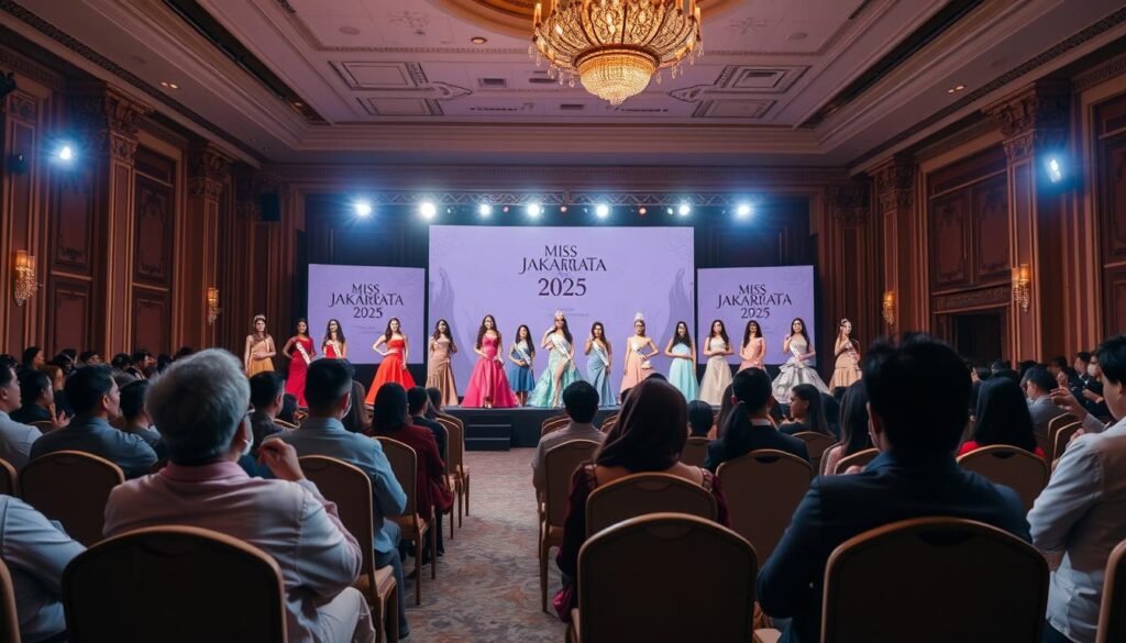 A grand ballroom filled with elegance and anticipation, as contestants for the Miss Jakarta Fair 2025 pageant take the stage under the warm glow of spotlights. Poised and confident, they move gracefully, showcasing their poise, intelligence, and beauty. In the foreground, the judges observe intently, evaluating each candidate's presentation and answering a series of thought-provoking questions. The middle ground captures the audience, seated in plush chairs, captivated by the unfolding spectacle. In the background, the grand architecture of the venue sets the scene, its ornate details and high ceilings conveying a sense of grandeur and tradition. The overall atmosphere is one of excitement, competition, and the pursuit of a coveted crown.
