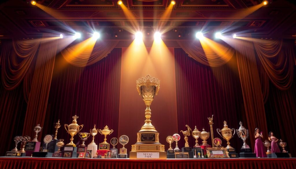 A grand stage bathed in warm, golden light, adorned with elegant curtains and plush velvet accents. In the center, a magnificent trophy stands tall, its intricate design and polished surface gleaming under the spotlights. Surrounding the trophy, an array of exquisite awards and prizes, each one a testament to the skill, beauty, and grace of the Miss Jakarta Fair contestants. The scene exudes a sense of prestige and celebration, capturing the essence of this prestigious event and the coveted accolades bestowed upon the winner.
