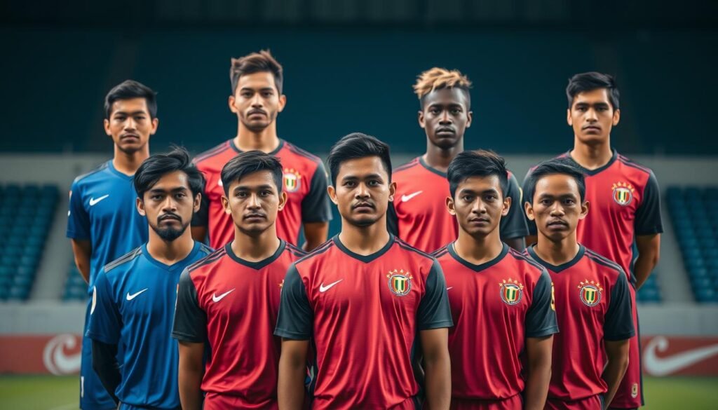 A high-resolution portrait showcasing the starting lineup of the Indonesian national U-23 football team. The players are positioned in a classic 4-4-2 formation, standing tall and proud in their vibrant team jerseys, their expressions focused and determined. The lighting is soft and flattering, casting gentle shadows that accentuate the players' muscular physiques. The background is blurred, keeping the attention firmly on the team, conveying a sense of unity and camaraderie. The overall mood is one of anticipation and excitement, hinting at the crucial role these key players will play in the team's important matches.