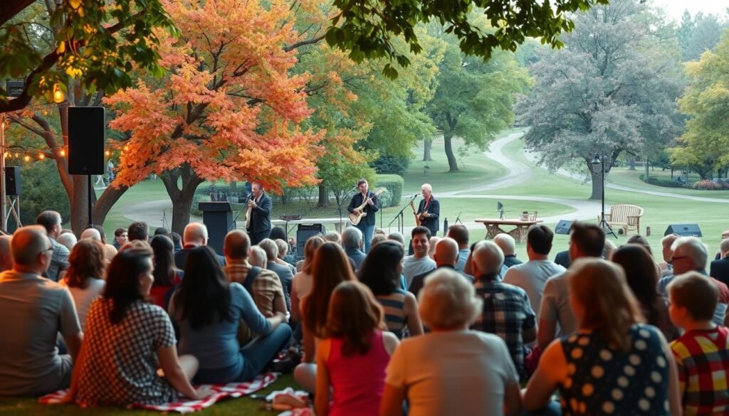A lively family concert in a cozy outdoor setting, with a stage illuminated by warm theatrical lighting. In the foreground, a diverse group of people - parents, children, and grandparents - sit on picnic blankets, eagerly awaiting the performance. The middle ground features a band on stage, their instruments and musicians silhouetted against a backdrop of colorful, swaying trees. The background depicts a tranquil park scene, with pathways winding through lush greenery, creating an inviting and family-friendly atmosphere. The overall mood is one of joy, togetherness, and a shared appreciation for live music.