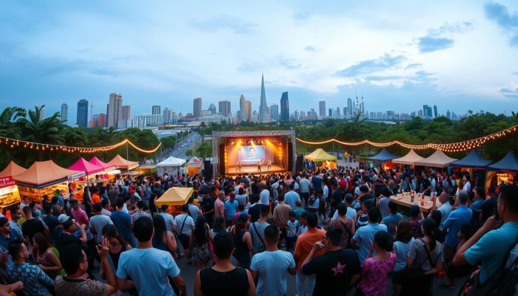 A lively outdoor music festival in the heart of Jakarta, Indonesia. In the foreground, a vibrant crowd of music enthusiasts dancing and swaying to the rhythm of the live performance on a grand stage. The middle ground features an array of colorful food stalls, vendors, and activity tents, creating a bustling, energetic atmosphere. In the background, a panoramic view of the city skyline, with towering skyscrapers and lush greenery, sets the scene. The lighting is warm and inviting, with spotlights illuminating the stage and fairy lights strung across the festival grounds, lending a festive, magical ambiance to the event. Capture the spirit of Jakarta's thriving music scene and the joy of an open-air celebration.