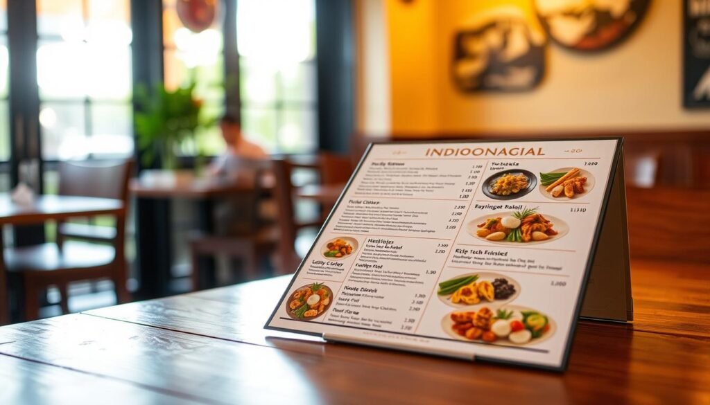 A neatly arranged restaurant menu displayed on a wooden table, illuminated by warm natural lighting streaming through a nearby window. The menu features a variety of tempting Indonesian dishes, their descriptions and prices clearly presented in a clean, legible font. The background is slightly blurred, creating a focus on the menu itself, inviting the viewer to closely examine the culinary offerings. The overall mood is one of inviting coziness, hinting at the enjoyable dining experience that awaits.