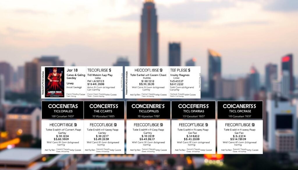 A neatly organized grid of concert ticket prices in Jakarta, showcased against a softly blurred background of a bustling city skyline. The tickets are displayed with clear typography, highlighting key details like event names, dates, and pricing tiers. The lighting is warm and inviting, creating a sense of anticipation and excitement for the upcoming performances. The overall composition is clean and visually appealing, making it easy for readers to quickly grasp the important information they need to plan their concert-going experience.