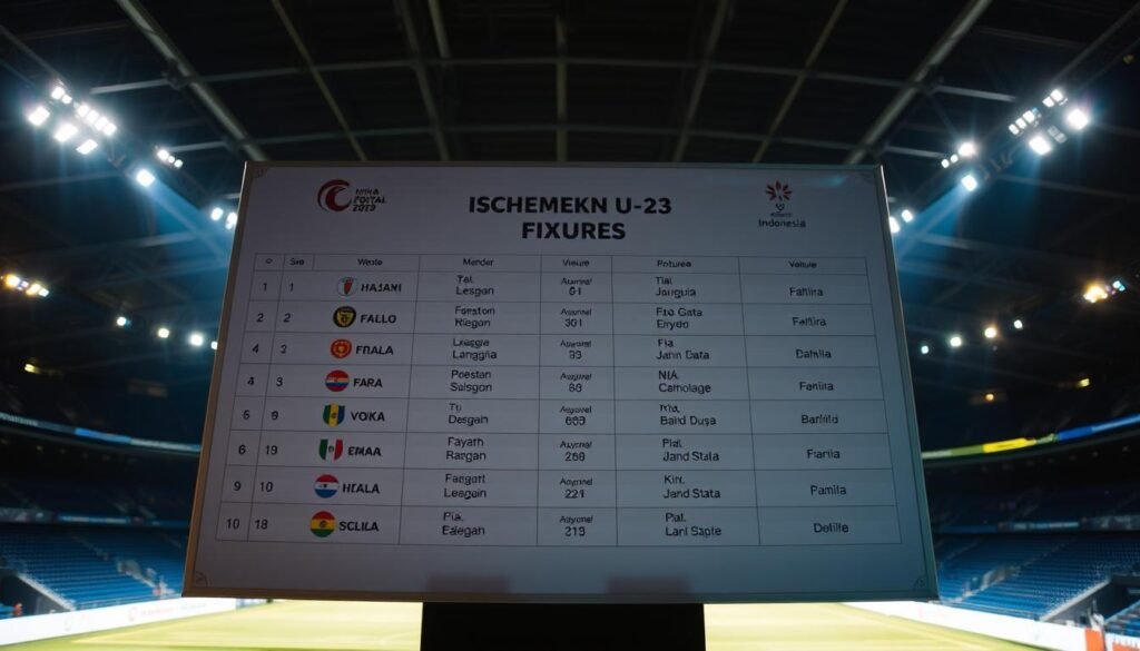 A neatly organized schedule board showcasing the upcoming fixtures of the Indonesian U-23 national team. The board is placed against a backdrop of a dimly lit, modern stadium interior, with shadows and highlights accentuating the sense of anticipation. The schedule is presented in a clean, minimalist design, with team logos, match dates, and venue information clearly displayed. The lighting is a mix of warm and cool tones, creating a professional, focused atmosphere. The camera angle is slightly elevated, giving a sense of authority and importance to the schedule. The overall scene conveys the gravity of the upcoming matches and the team's meticulous preparation for the crucial encounters.