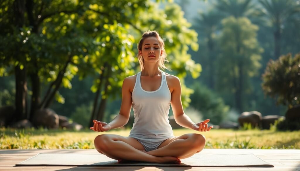 A serene athlete performing a relaxation technique in a peaceful outdoor setting. In the foreground, the figure sits cross-legged on a mat, eyes closed, and hands resting gently on the knees. Soft natural lighting filters through lush greenery in the middle ground, creating a tranquil ambiance. The background features a calming landscape, perhaps a forest or a secluded garden, conveying a sense of harmony and mindfulness. The scene evokes a balanced state of body and mind, crucial for an athlete's mental preparation and performance.