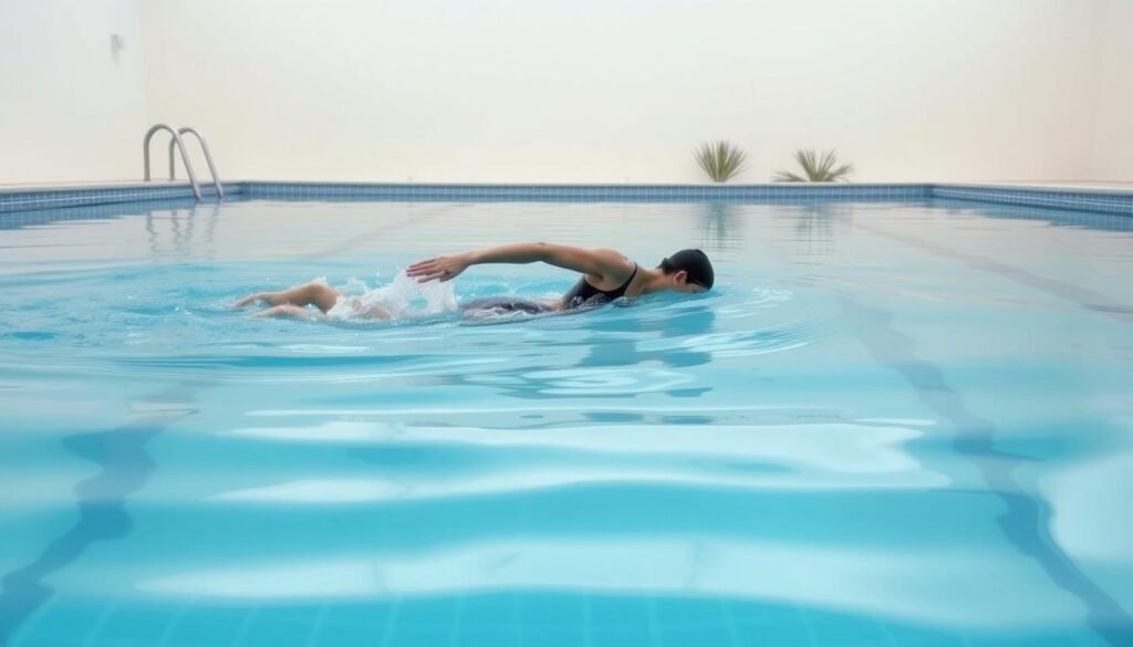 A serene swimming pool setting with a swimmer demonstrating the fundamental swimming stroke. In the foreground, a person wearing a swimsuit gracefully glides through the water, their limbs and torso elegantly moving in a rhythmic breaststroke pattern. The water's surface reflects the swimmer's movements, creating a mesmerizing visual. In the middle ground, the pool's edges are visible, with clean, tiled walls and a few poolside accessories. The background features a minimalist, natural environment, perhaps with a few plants or a simple landscape, creating a calming, uncluttered atmosphere. The lighting is soft and diffused, conveying a sense of tranquility and focused instruction. The overall scene showcases the essential techniques of the basic swimming stroke in a serene, instructional setting.