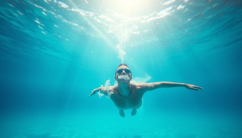 A serene underwater scene showcasing the technique of breathing during swimming. In the foreground, a swimmer's face emerges from the water, exhaling a stream of bubbles. The middle ground features the swimmer's torso and limbs in fluid motion, propelling through the aquamarine waters. In the background, shafts of natural light pierce the surface, creating a tranquil, ethereal atmosphere. The image should convey the graceful, rhythmic flow of the swimmer's breathing and movements, evoking the sense of being immersed in the peaceful, meditative experience of this fundamental swimming skill.