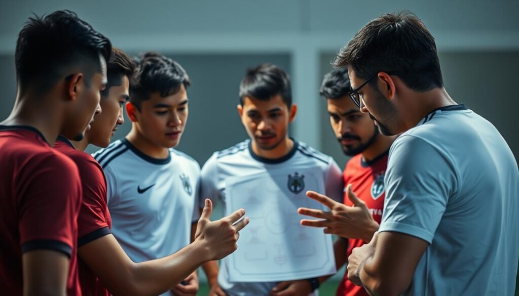 A soccer coach guiding his team in a focused strategy session, the players huddled attentively around a tactics board. Soft, diffused lighting illuminates the scene, casting a pensive, collaborative atmosphere. The coach's gestures are animated, conveying his expertise and passion for the game. The players' expressions are rapt, their body language indicating a sense of unity and purpose as they plan for the upcoming ASEAN U-23 Championship. The background is blurred, keeping the attention on the central figures and their important preparations.