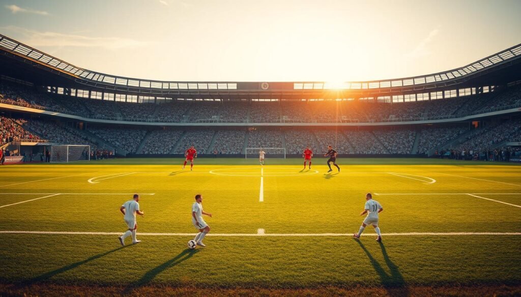 A soccer field set in a warm, golden-hour lighting. In the foreground, a detailed tactical diagram of a soccer formation overlays the pitch, with crisp lines and annotations delineating player positions and movement patterns. The midfield is populated with lifelike player avatars, each posed in dynamic, game-ready stances. In the background, the stadium stands are filled with spectators, creating a sense of energy and anticipation. The composition strikes a balance between the technical aspects of the formation and the human element of the players, capturing the essence of strategic gameplay.