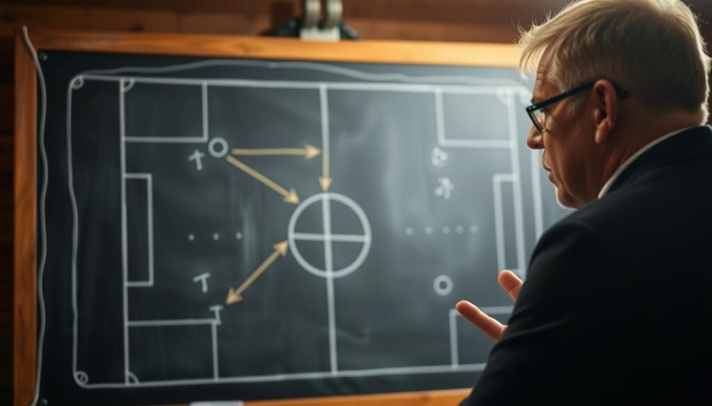 A tactical chalkboard depicting a soccer formation and strategy, with a focused coach gesturing and discussing plays. The scene is lit by a warm, focused light, creating a serious, intense atmosphere. The coach's face is partially obscured, emphasizing the thoughtfulness and concentration of the moment. The chalkboard displays a detailed formation with player positions and movement arrows, reflecting the coach's strategic mindset. The background is blurred, keeping the attention on the tactical discussion at hand.