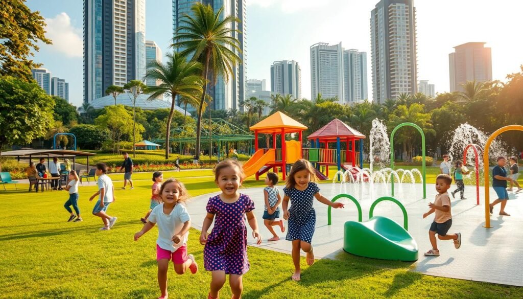 A vibrant family-friendly outdoor scene in the heart of Jakarta, showcasing a lush, well-maintained park with colorful play equipment and interactive water features. Children of various ages joyfully explore the space, their laughter and excitement filling the air. The scene is bathed in warm, golden sunlight, creating a welcoming and inviting atmosphere. In the background, modern skyscrapers and lush greenery create a visually striking contrast, highlighting the urban-nature blend of the location. The overall composition captures the perfect balance of entertainment, safety, and accessibility that makes this a premier family-friendly destination in the bustling city.