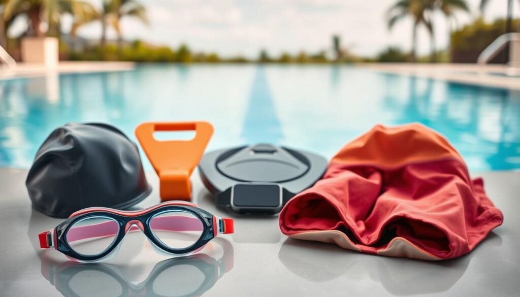 A well-lit, high-quality image of an assortment of swimming equipment and gear. In the foreground, neatly arranged swimming goggles, a swimming cap, and a pair of swimming trunks in a vibrant color. In the middle ground, a swimming kickboard, a swim buoy, and a waterproof fitness tracker. In the background, a swimming pool with clear blue water and a few palm trees visible in the distance, creating a tranquil, tropical atmosphere. The lighting is soft and diffused, highlighting the textures and colors of the various swimming accessories. The overall composition is clean, organized, and visually appealing, showcasing the essential equipment needed for a beginner swimmer to start their swimming journey.