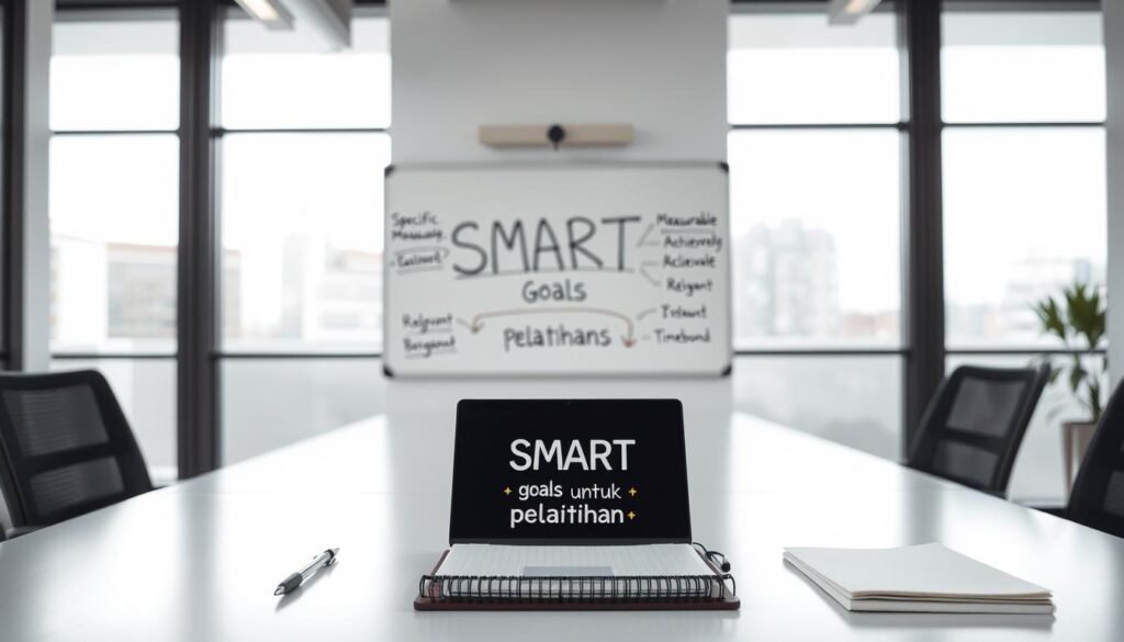 A well-lit, modern office setting with a clean, minimalist aesthetic. In the foreground, a desktop workspace featuring a laptop, a pen, and a notebook displaying the phrase "SMART goals untuk pelatihan" in a bold, legible font. The middle ground showcases a whiteboard on the wall, with handwritten notes and diagrams outlining the key elements of SMART goal-setting: Specific, Measurable, Achievable, Relevant, and Time-bound. The background features large windows, allowing natural light to flood the space, creating a sense of openness and productivity. The overall mood is focused, organized, and conducive to effective training and preparation.