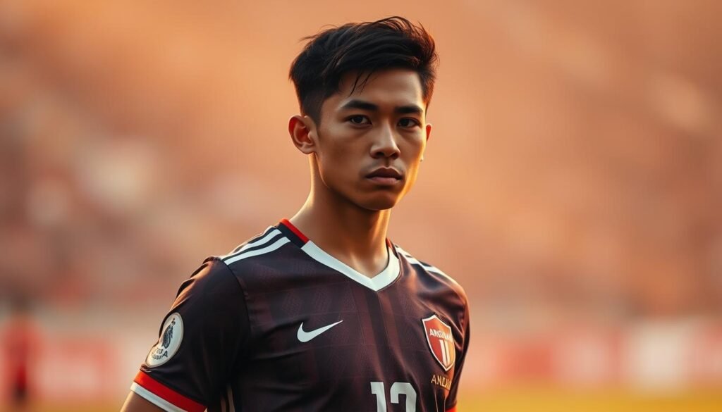 A young Indonesian soccer player, standing confidently on the field, exuding a determined and competitive spirit. Captured in a dynamic, action-oriented pose, showcasing their mental toughness and readiness to compete at the highest level. The player's gaze is focused, their body language conveying an unwavering resolve. The scene is illuminated by warm, golden-hued lighting, creating a sense of intensity and passion. The background blurs, placing the player in the center of attention, emphasizing their individual skills and mentality as a key aspect of the national U-23 team's gameplay.