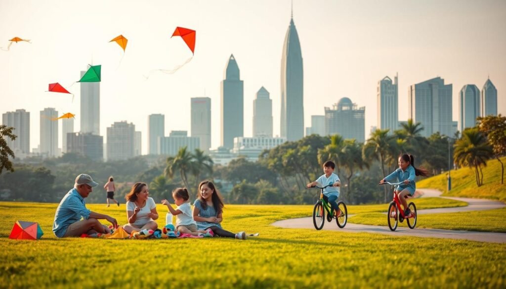 Lively family adventure in the vibrant city of Jakarta. A joyous scene set against the iconic skyline, with parents and children engaged in a variety of fun activities. In the foreground, a family picnicking on a lush, verdant lawn, surrounded by playful kites dancing in the breeze. In the middle ground, a group of kids laughing as they ride colorful bicycles along a winding path. In the background, the towering skyscrapers of Jakarta's business district stand tall, bathed in warm, golden afternoon light. The mood is one of pure exuberance and togetherness, capturing the spirit of a memorable family outing in the heart of the bustling Indonesian capital.