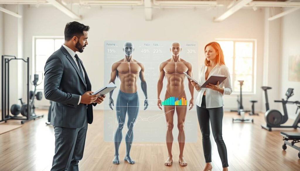 A holistic analysis of body composition portrayed in a serene, bright studio environment. In the foreground, a diverse group of three individuals in professional business attire, engaged in a collaborative discussion about body composition, holding tablets and charts. The middle area features a large, transparent display showing a detailed visual breakdown of muscle mass, fat percentage, and other key body metrics. In the background, soft-focus fitness equipment and natural light filtering through large windows create a warm and inviting atmosphere. The scene conveys a sense of professionalism, inclusivity, and the pursuit of knowledge in understanding body types beyond traditional somatotypes, emphasizing teamwork and modern science. Utilize a soft, balanced lighting approach with a wide-angle lens to capture the focus on collaboration while ensuring clarity.