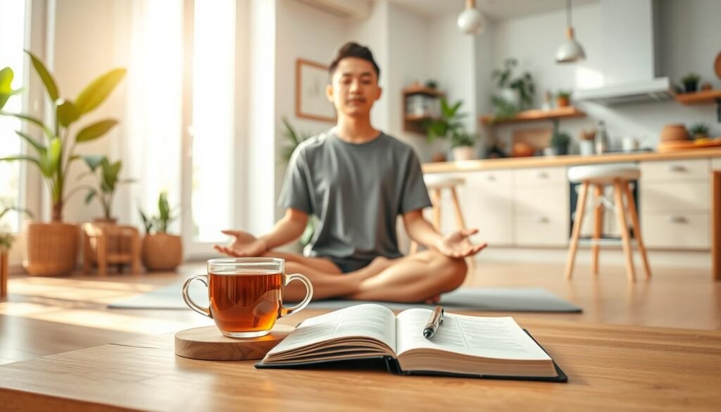 A serene and calming scene depicting the integration of mindfulness into daily routines. In the foreground, a person of Asian descent sitting cross-legged on a yoga mat in a bright and airy living room, adorned with plants and soft natural light streaming through large windows. The middle ground features a simple wooden coffee table with a steaming cup of herbal tea and a journal with a pen, symbolizing reflection and mindfulness practices. In the background, a cozy kitchen scene with soft pastel colors and minimalistic design. The atmosphere is peaceful and inviting, suggesting a balanced lifestyle. Capture this moment with a warm, soft focus, using natural lighting to create a tranquil and harmonious mood.