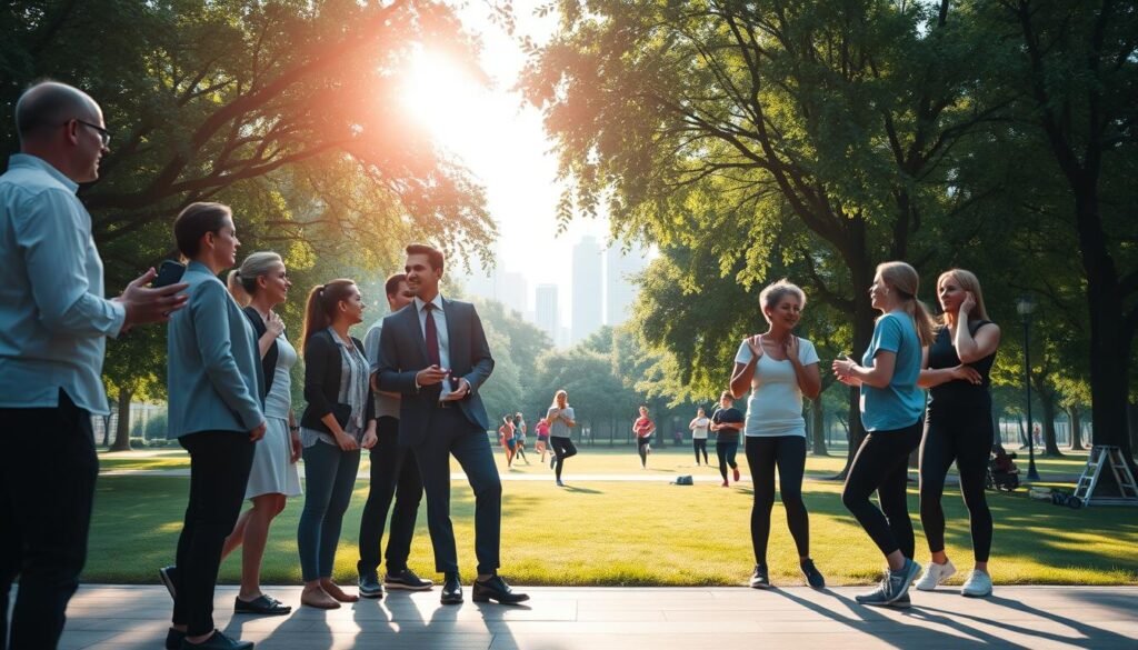 A serene and inspiring representation of personal potential and physical development. In the foreground, a diverse group of individuals in professional business attire engage in a dynamic discussion, showcasing a blend of athleticism and intellect. The middle ground features a lush, green park with individuals exercising, highlighting various forms of physical activity like yoga, running, and strength training. Soft sunlight filters through the trees, creating a warm and uplifting atmosphere that symbolizes growth and potential. The background reveals a skyline of a modern city, suggesting progress and ambition. The composition should be balanced, emphasizing harmony between personal development and physical fitness, captured with a wide-angle lens for an immersive perspective.
