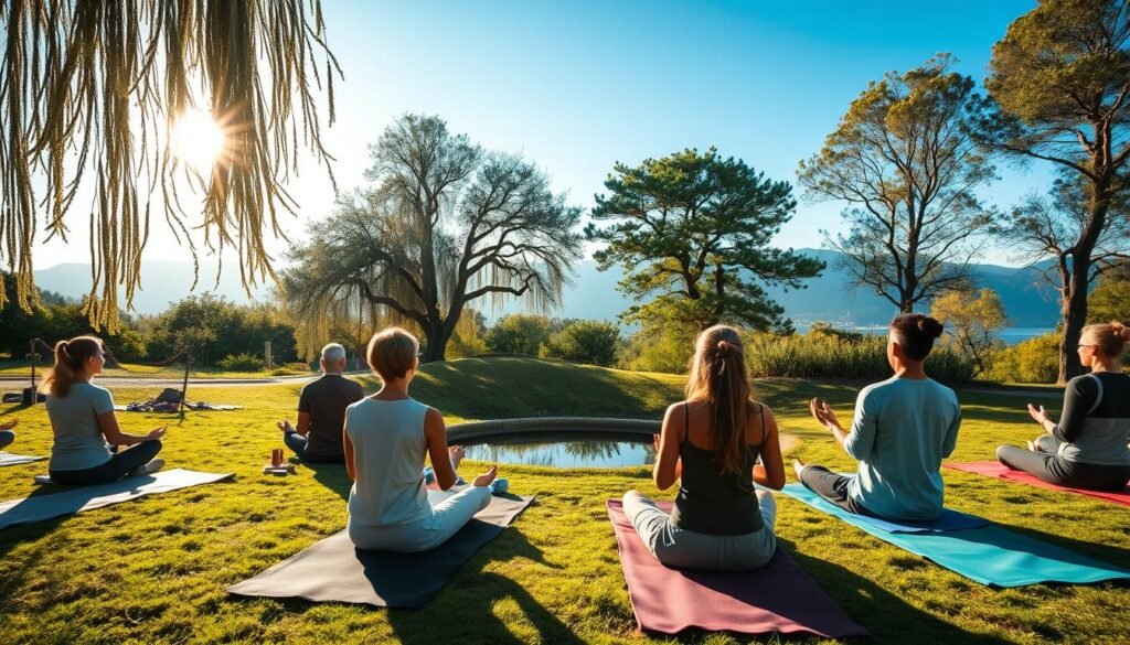 A serene scene reflecting "easy mindfulness techniques" in a calm, natural environment. In the foreground, a diverse group of individuals in modest, casual clothing practices mindfulness techniques like deep breathing and meditation on yoga mats. In the middle, soft sunlight filters through gently swaying trees, casting dappled light on the participants. A small, tranquil pond is visible, with lush greenery surrounding it, enhancing the peaceful atmosphere. The background features distant mountains under a clear blue sky, evoking a sense of tranquility. The lighting is warm and soft, creating an inviting mood, which emphasizes the ease and accessibility of these mindfulness practices, ideal for anyone seeking instant results in self-awareness.