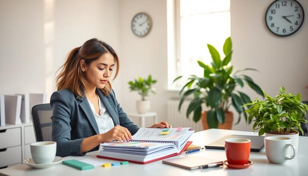 A serene workspace scene illustrating tips for achieving work-life balance. In the foreground, a professional woman, dressed in smart casual attire, is sitting at a desk, thoughtfully organizing her planner with colorful tabs and sticky notes, symbolizing effective time management. In the middle ground, a large potted plant and a coffee cup suggest a cozy work environment, while a clock on the wall indicates balanced time allocation. The background features soft, natural light filtering through a window, illuminating the space to create a calm and productive atmosphere. The overall mood is tranquil and motivating, embodying the concept of maintaining mental clarity and well-being in the pursuit of work-life balance.