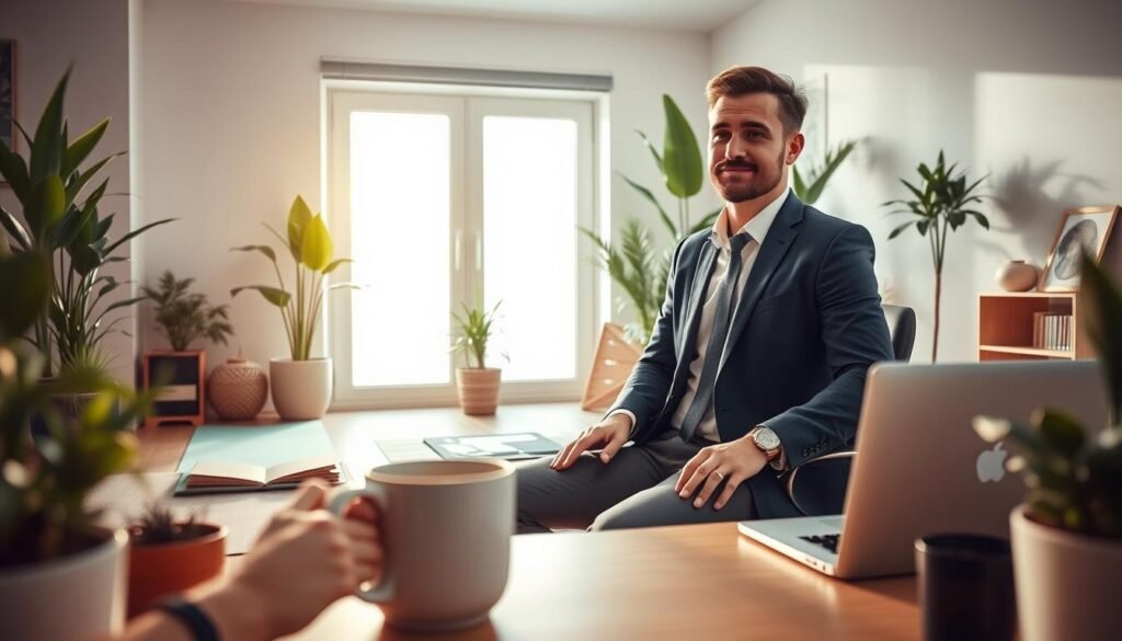 A serene workspace showcasing the concept of work-life balance, with a professional man in a smart casual outfit, sitting at a desk with a laptop, surrounded by indoor plants and a peaceful atmosphere. In the foreground, he holds a coffee mug, symbolizing relaxation. The middle ground features a cozy corner with a yoga mat and a small bookshelf, illustrating mental wellness activities. The background includes a bright window allowing natural light to flood in, casting soft shadows that enhance the inviting mood. The lighting is warm and calming, emphasizing a harmonious blend of productivity and peace. The overall atmosphere conveys balance, health, and tranquility, inviting the viewer to reflect on the importance of achieving work-life balance for physical and mental well-being.