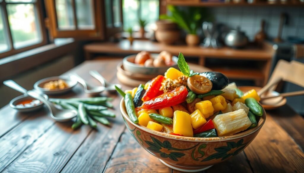 A vibrant and colorful bowl of Variasi Sayur Asem displayed prominently in the foreground, showcasing an array of fresh vegetables like green beans, corn, tamarind, and eggplant, all glistening with droplets of water to emphasize freshness. In the middle, a rustic wooden table adds warmth, with traditional Indonesian spoons and plates surrounding the dish, hinting at homemade preparation. In the background, soft, diffused natural lighting filters through an open window, casting gentle shadows that create a cozy kitchen atmosphere. The composition should evoke a sense of home-cooked tradition and warmth, highlighting the diversity and appeal of these vegetable variations. Use a wide-angle lens to capture both the details and the inviting ambiance.