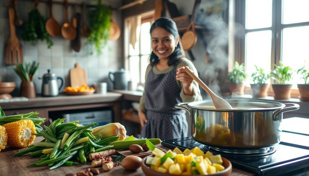 A warm, inviting kitchen scene depicting the process of making "Sayur Asem," an Indonesian vegetable soup known for its tangy flavor. In the foreground, a wooden table is adorned with fresh vegetables like sliced green beans, corn, and young jackfruit, along with spices and a pot simmering on the stove. In the middle, a woman in a modest, casual outfit stirs the pot with a wooden spoon, her face lit with concentration and joy, capturing the essence of home cooking. In the background, soft sunlight filters through a window, illuminating the cozy kitchen filled with rustic utensils and potted herbs. The mood is vibrant and wholesome, evoking a sense of tradition and family warmth.