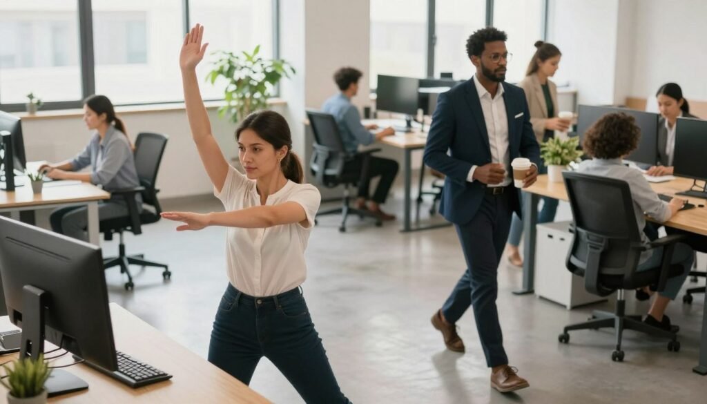 A contemporary office environment showcasing a diverse group of professionals engaging in smart movement strategies. In the foreground, a woman in smart casual attire is demonstrating a stretching exercise by her desk, her expression focused yet relaxed. Nearby, a man in a tailored suit is taking a brisk walk while holding a cup of coffee, radiating energy. The middle ground features an ergonomic workspace with standing desks and indoor plants, promoting a healthy atmosphere. In the background, large windows allow natural light to brighten the space, creating a warm ambiance. The mood is productive and vibrant, emphasizing wellness in a corporate setting. The scene is well-lit, with a soft focus on the people, shot from a slightly elevated angle to capture the dynamic movements effectively.