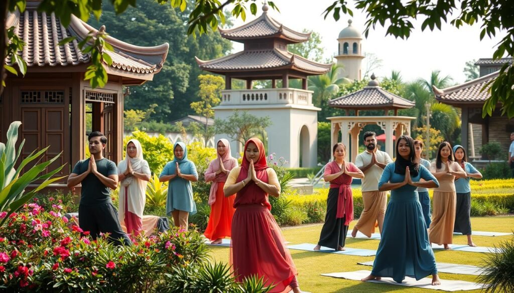 A serene and harmonious scene depicting daily health rituals from various cultures around the world. Foreground: a diverse group of individuals engaged in a morning yoga session, showcasing unity and tranquility. They wear modest, colorful activewear that reflects cultural influences. Middle ground: a lush garden with vibrant plants and flowers, enhancing the peaceful vibe. Background: traditional architectural elements from different cultures, such as an Asian pagoda and a Mediterranean-style gazebo, subtly blending together. Soft, natural lighting filters through the foliage, creating a warm and inviting atmosphere. Capture the image from a slightly elevated angle to encompass both the participants and the diverse cultural elements, evoking a sense of global connection and well-being.